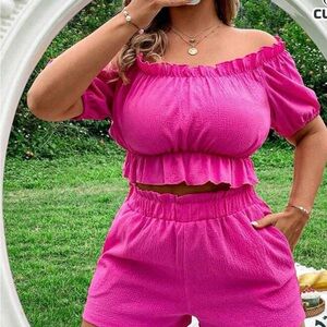 SHEIN Pink Elastic Waist Short SET with Textured Fabric NWOT